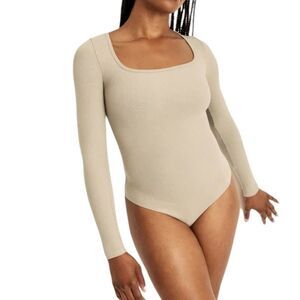 Knix ScultRib Square Neck Bodysuit Top T Shirt Blouse Fawn Beige  XS NWT